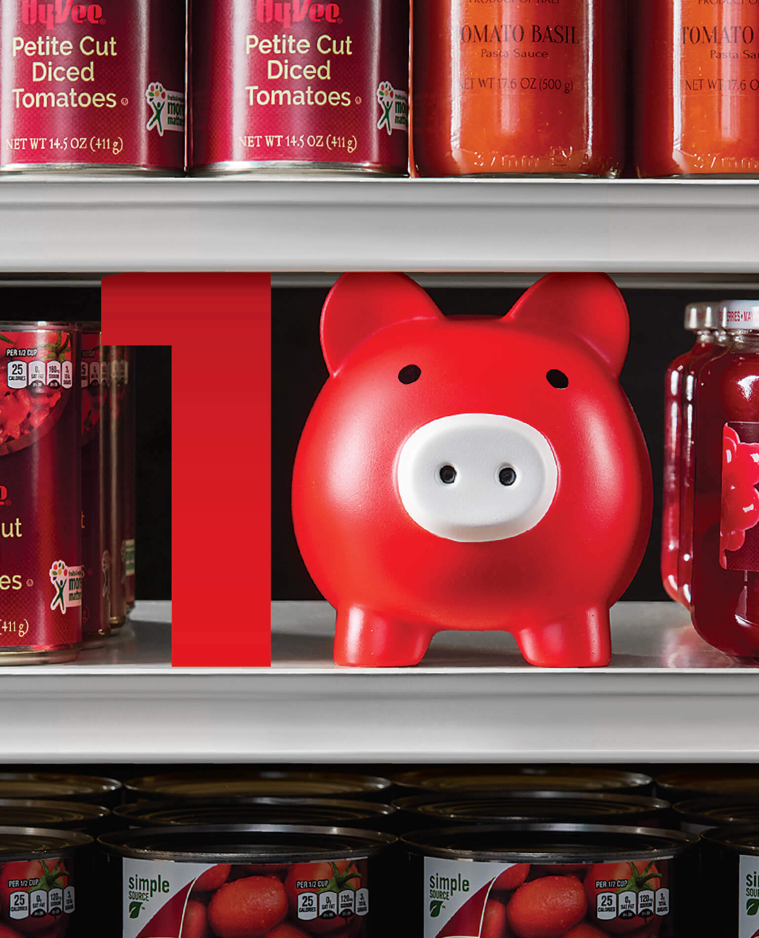 A red piggy bank and the number 1 together to form the number 10 on a grocery store shelf.