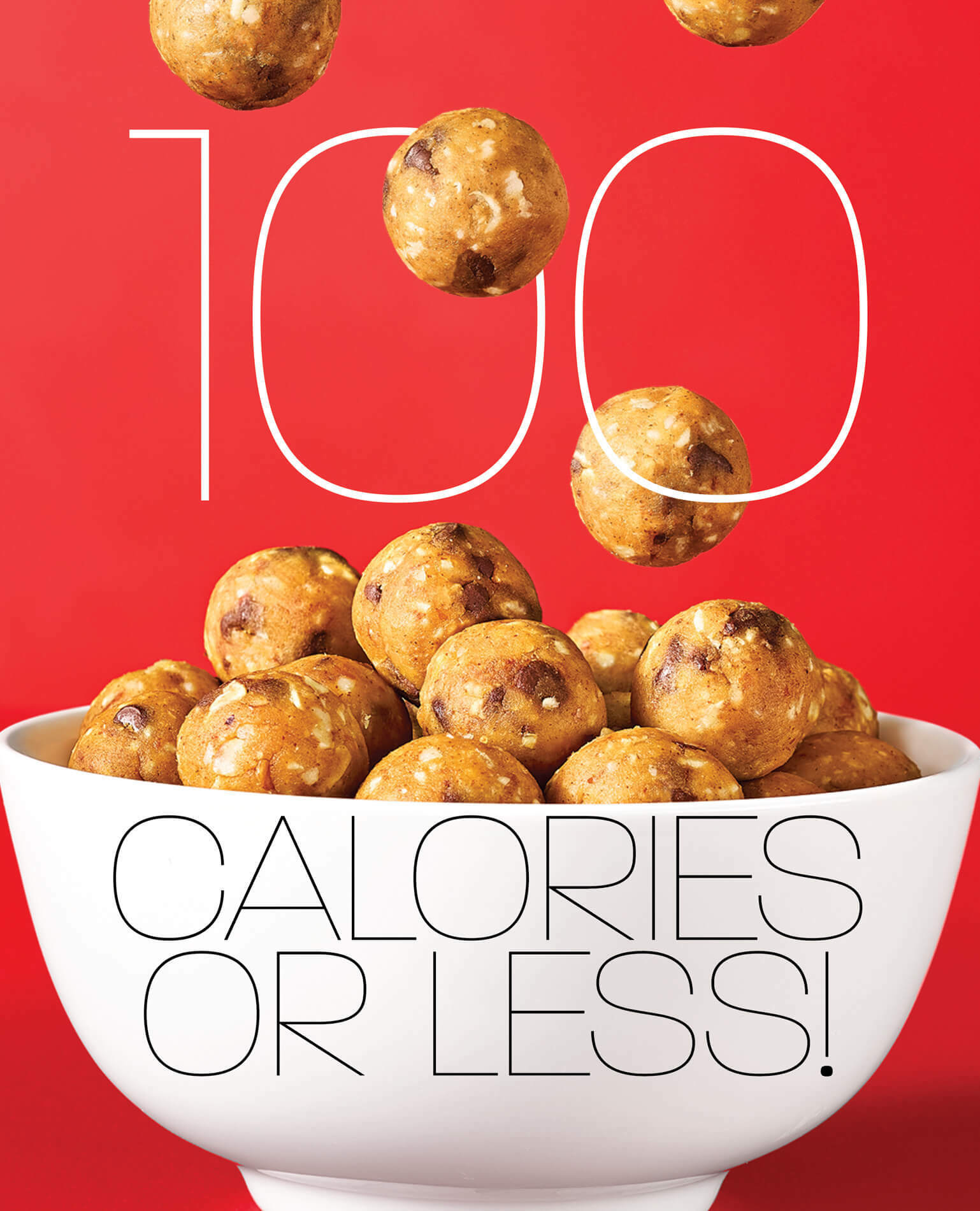 Garbanzo bean cookie dough bites falling into a white bowl that indicates "100 calorie or less desserts."