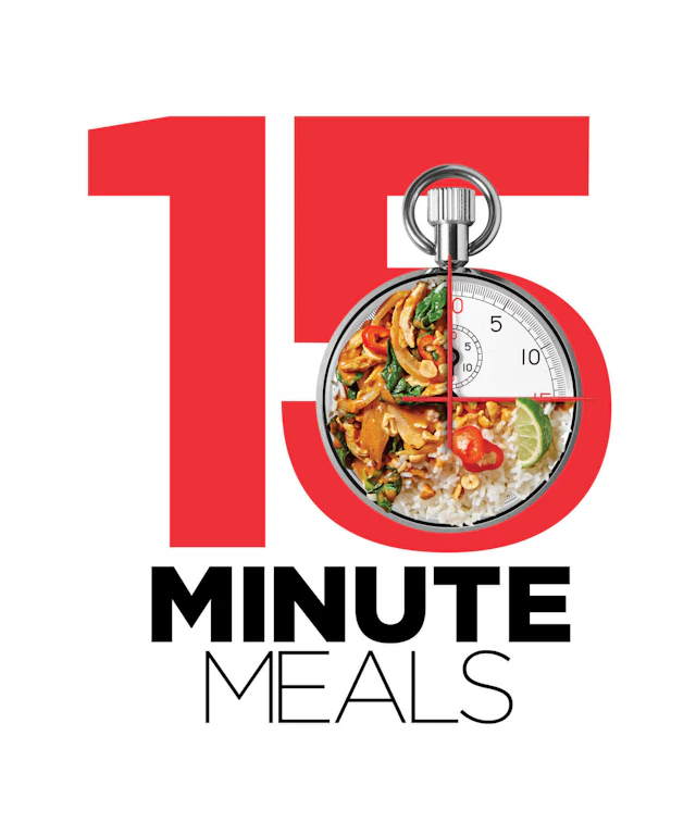The words "15-Minute Meals" with a plate of food representing a clock.