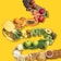 A trail of various healthy foods on a yellow background.