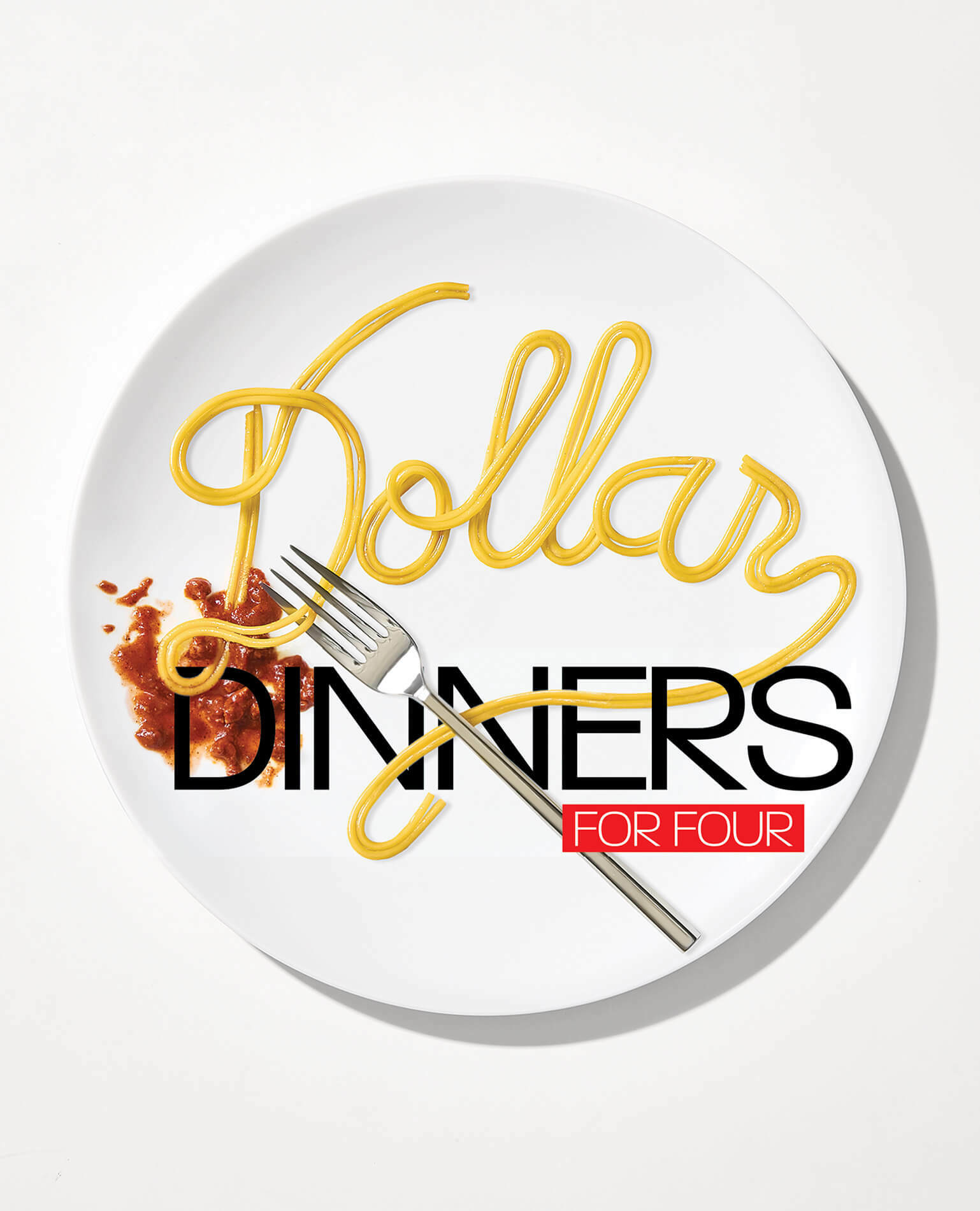 A plate with the words "Dollar Dinners for Four" made from spaghetti noodles.