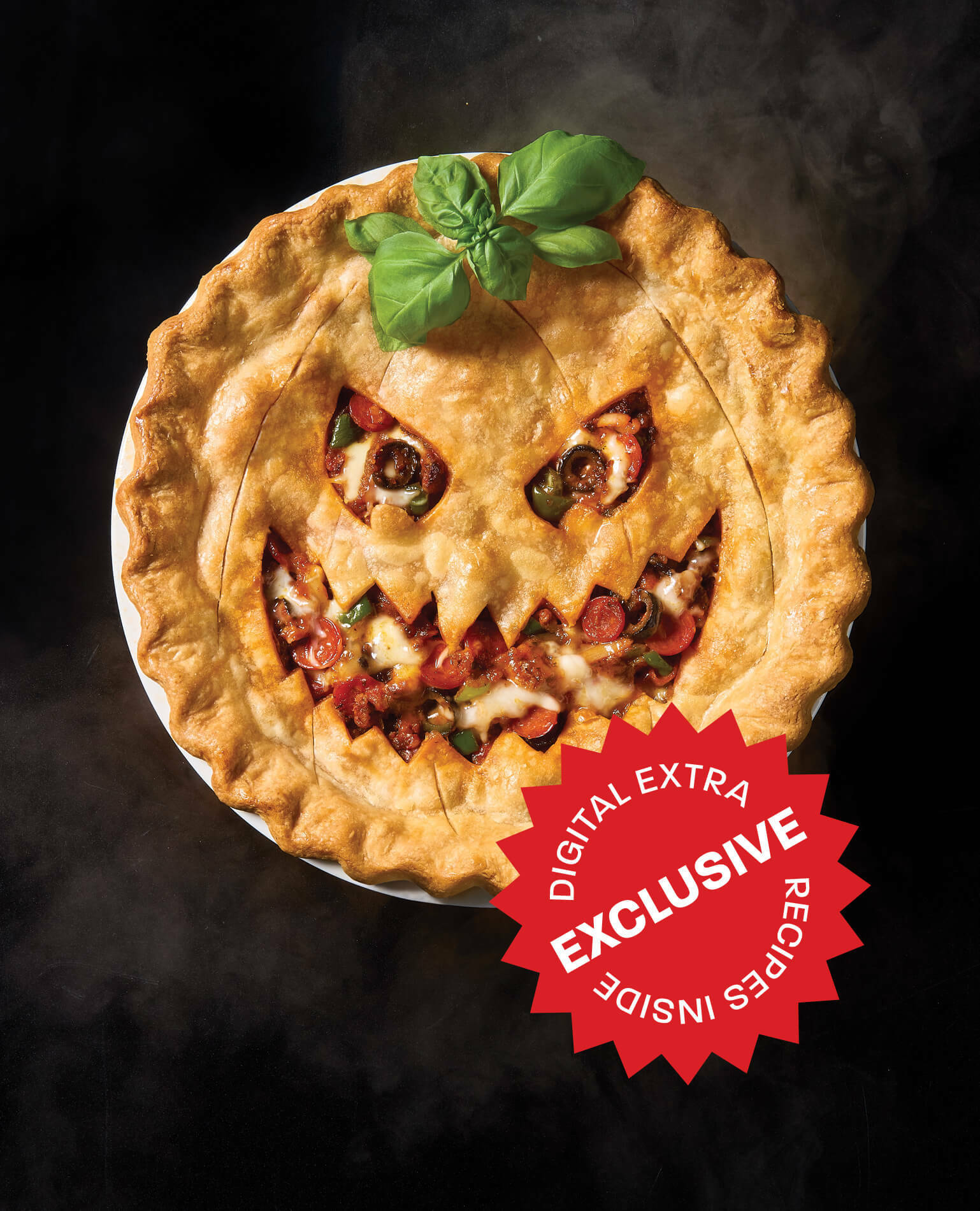 A pizza pot pie cut to look like a scary face.