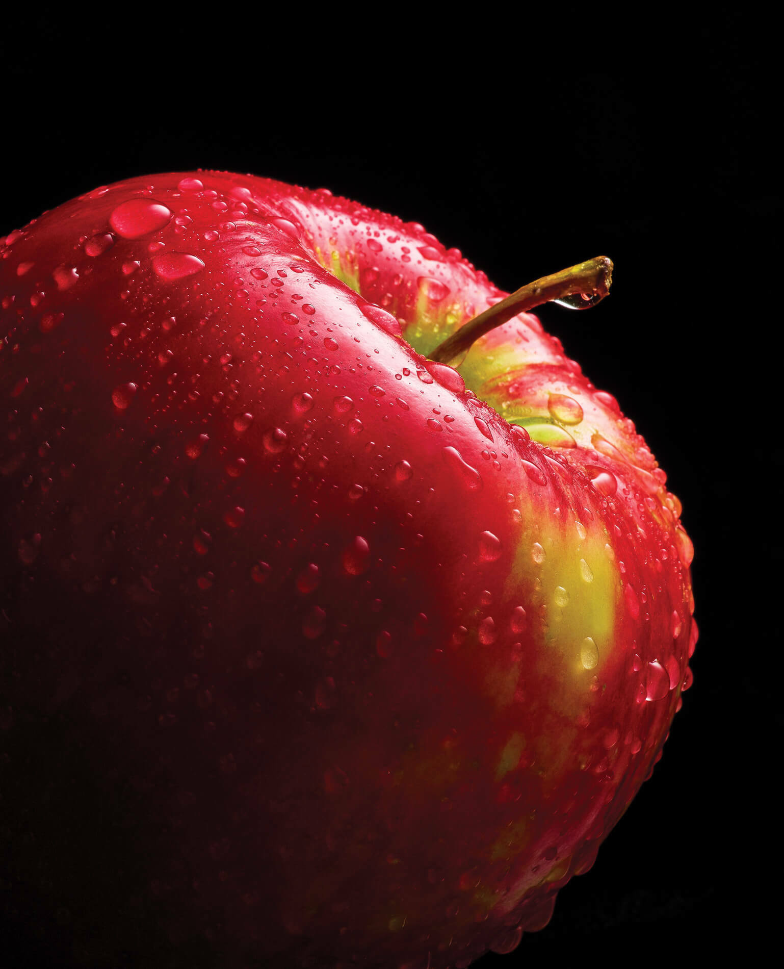 Close up of a honeycrisp apple with water dripping from it.