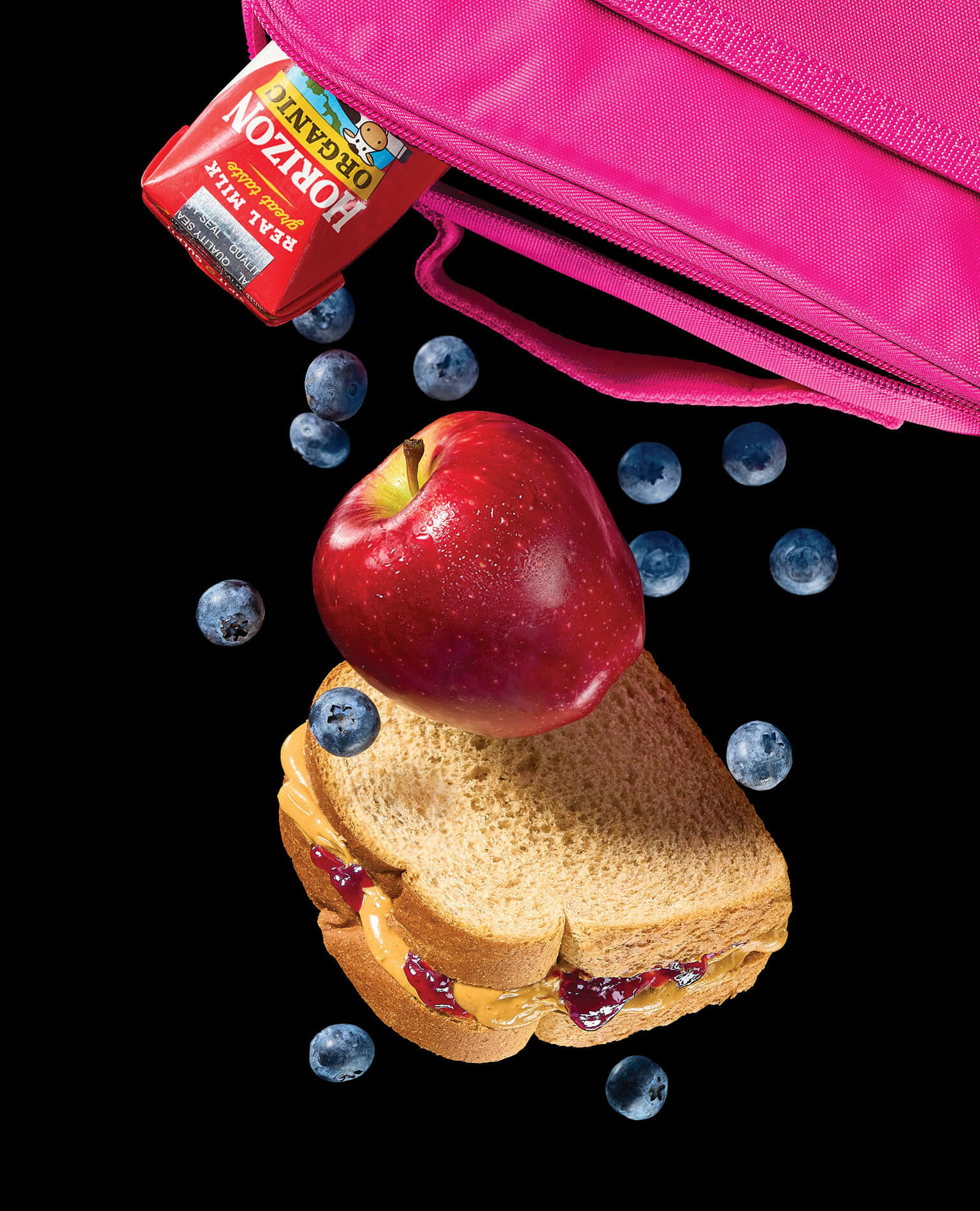 A lunch box spilling its contents of a sandwich, an apple, some blueberries, and a milk carton.