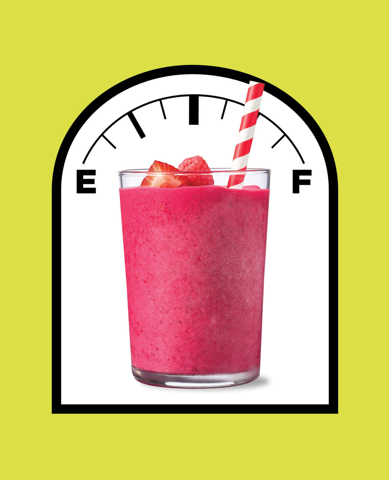 A glass of pink smoothie with the straw acting as the needle on a fuel gauge.