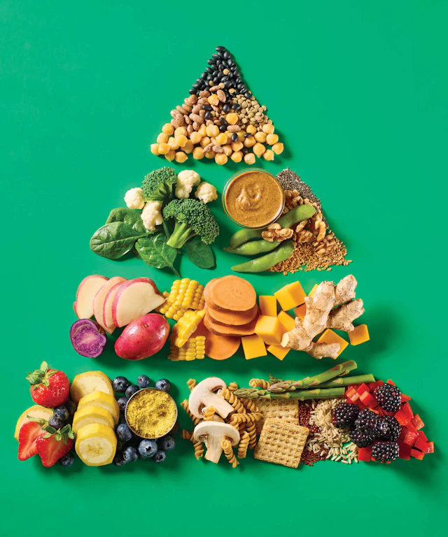 Various food groups in the shape of a pyramid