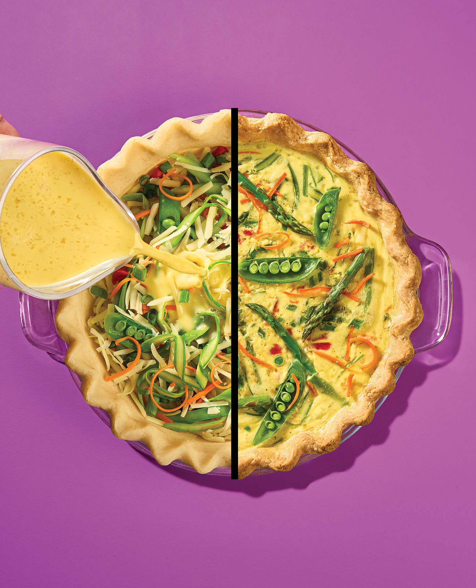 A pitcher of scrambled eggs being poured into a baking dish for a quiche.