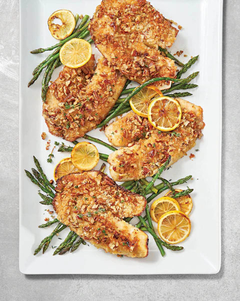 Serving platter of Pecan and Parmesan Crusted Tilapia
