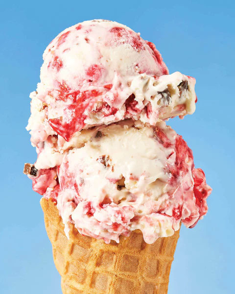 Chocolate Chip Raspberry Ice Cream in a cone