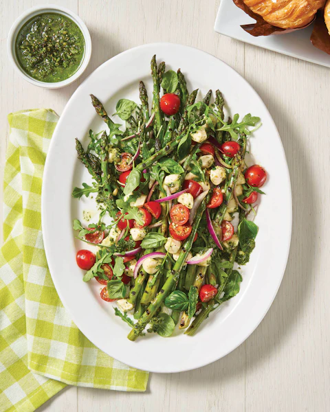 Serving platter of Asparagus Caprese Salad