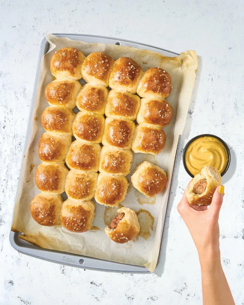 Baking sheet of Pretzel Brat Pull Aparts