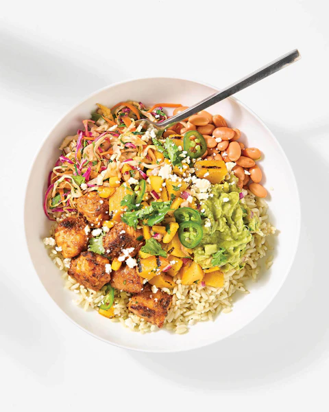 Catfish Burrito Bowl with Mango Peach Salsa