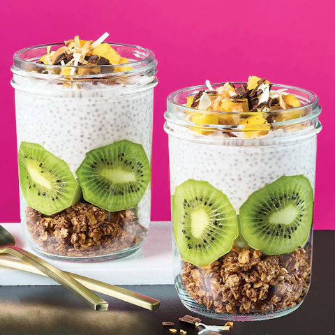 Two jars of Tropical Chocolate Chia Pudding