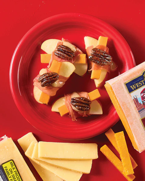 Cheddar Bites on a red plate