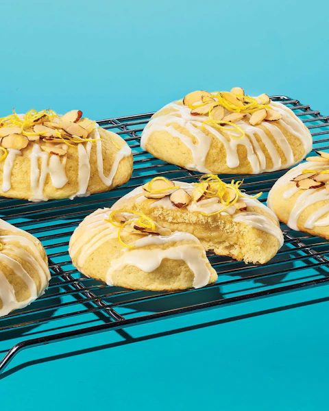 Marzipan Stuffed Lemon Ricotta Cookies on a cooling rack
