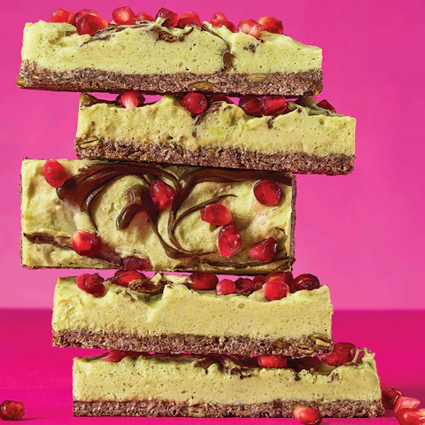 A stack of Avocado Pomegranate Chocolate Protein Bars