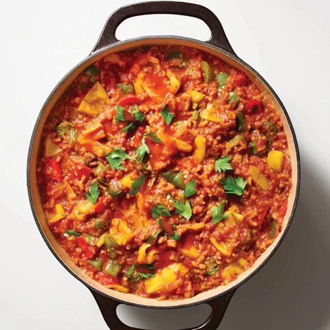 Dutch oven filled with Vegan Jackfruit Jambalaya