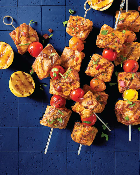 Moroccan Salmon Kabobs and grilled vegetables