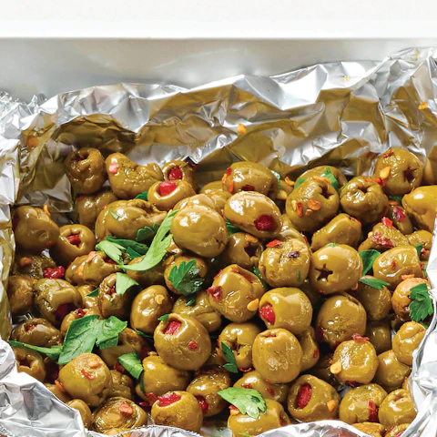 Grilled Manzanilla Olives in tin foil