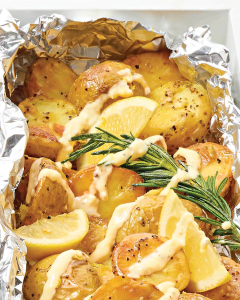 Grilled Potatoes with Lemon Garlic Aioli in tin foil