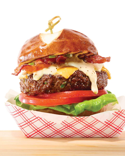 Spicy Butter Burger with Beer Cheese in a basket