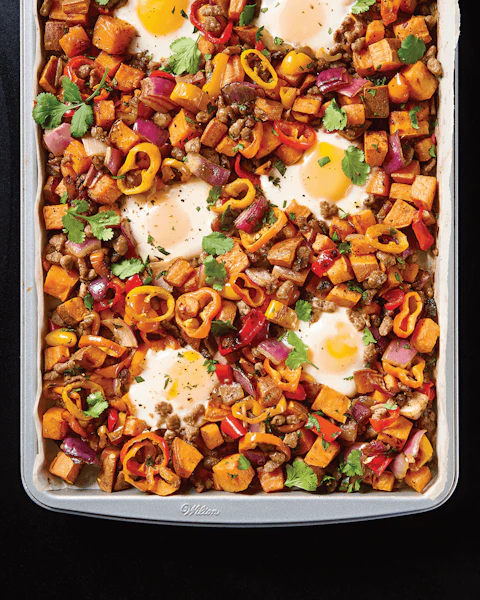 Roasting pan of Sweet Potato and Turkey Sausage Hash