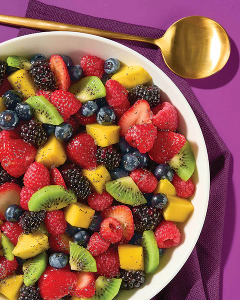 Bowl of Fruit Salad with Lemon Poppyseed Dressing