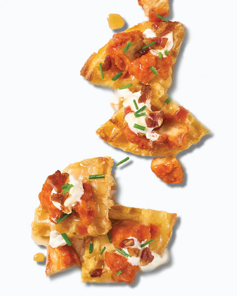 Chicken and Waffle Nachos on a white background.