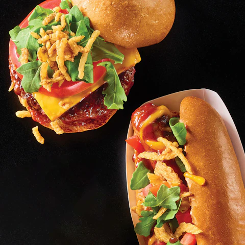 Sweet Heat BBQ Burger and Brat on a black background.