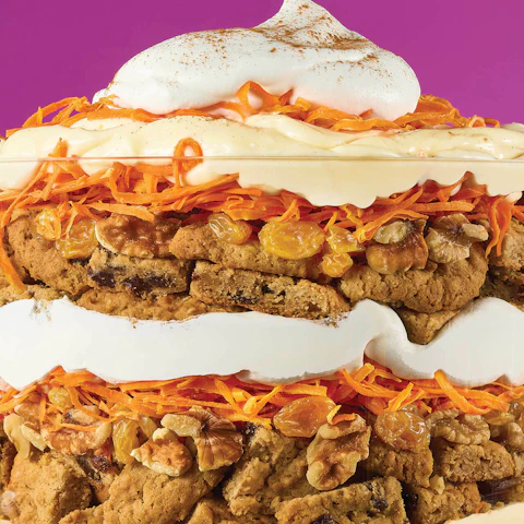 A serving bowl of Carrot Cake Cookie Trifle layered dessert.