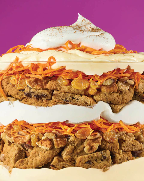 A serving bowl of Carrot Cake Cookie Trifle layered dessert.