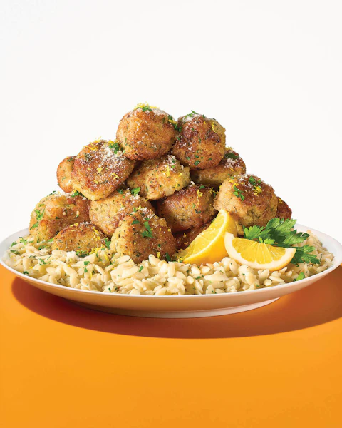 Plate of Seafood Meatballs With Orzo