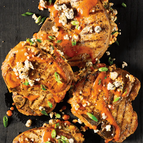 Serving platter of Blue Cheese Stuffed Buffalo Pork Chops
