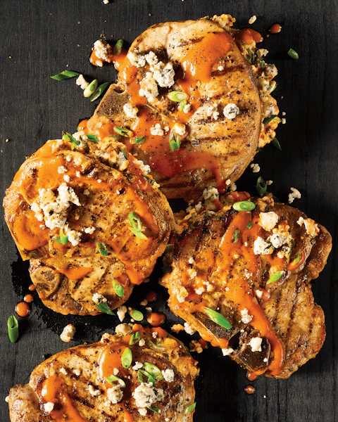 Serving platter of Blue Cheese Stuffed Buffalo Pork Chops
