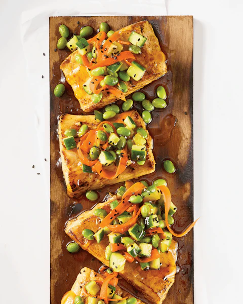 Cedar plank serving platter of Hot Honey and Miso Glazed Halibut