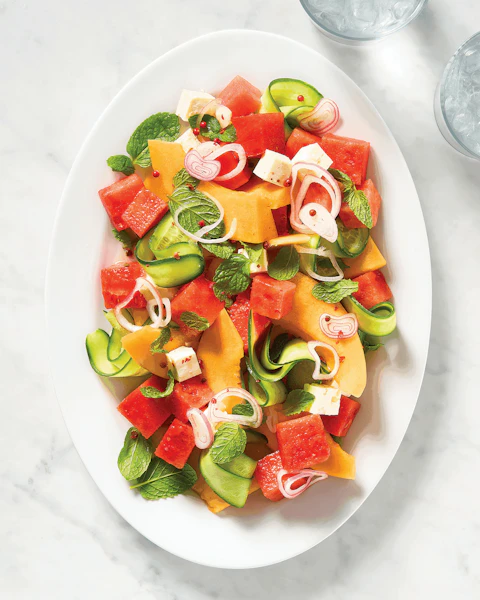 Plate of Mixed Melon Cucumber Feta Salad