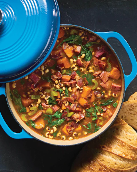 A Dutch oven filled with Smoky Black Eyed Pea Soup