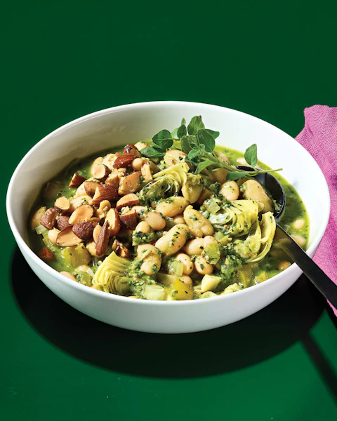 Bowl of Vegetarian White Bean Cassoulet with spoon