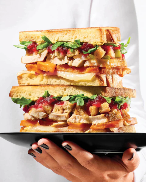 Pressed turkey sandwiches made with Thanksgiving leftovers