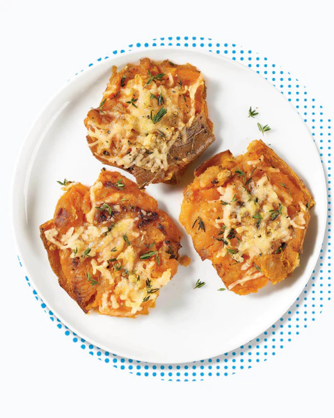 Plate of three Garlic Parmesan Smashed Sweet Potatoes