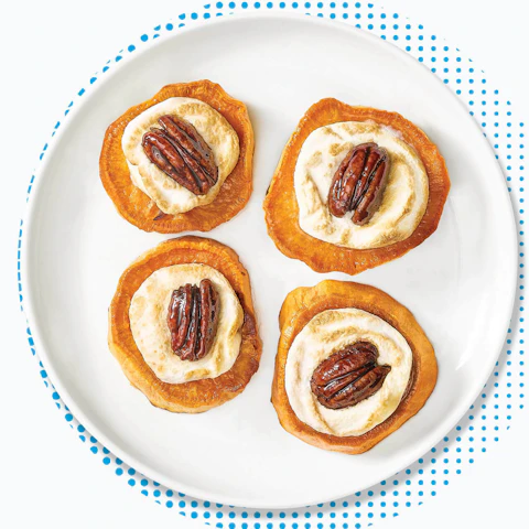 Plate of four Marshmallow Pecan Sweet Potato Bites