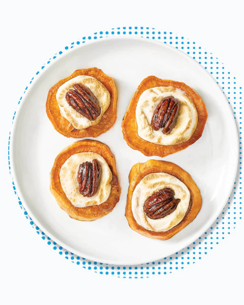 Plate of four Marshmallow Pecan Sweet Potato Bites
