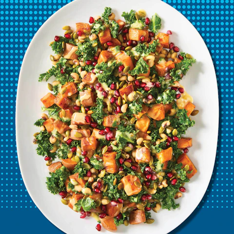 Serving dish of Roasted Sweet Potato Salad with Tahini Maple Dressing