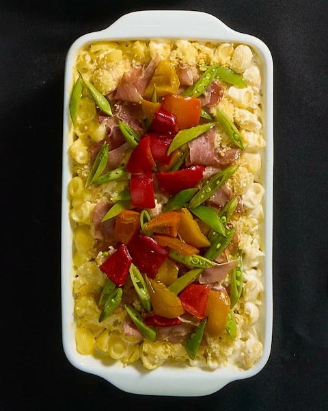 Small baking dish of Cheesy Prosciutto Macaroni