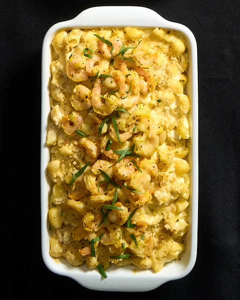 Small baking dish of Lemon Pepper Shrimp Macaroni