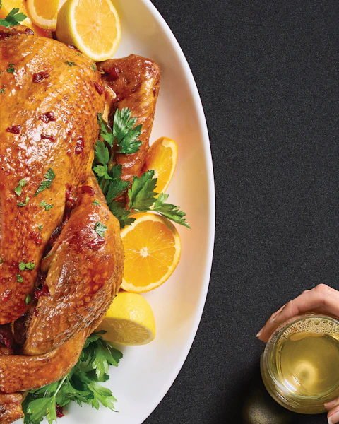 Serving platter of Roasted Turkey with Maple Coffee Glaze