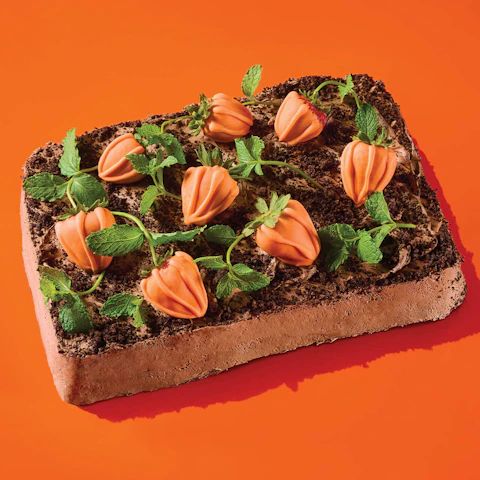 A cake frosted and decorated to look like a pumpkin patch for Halloween