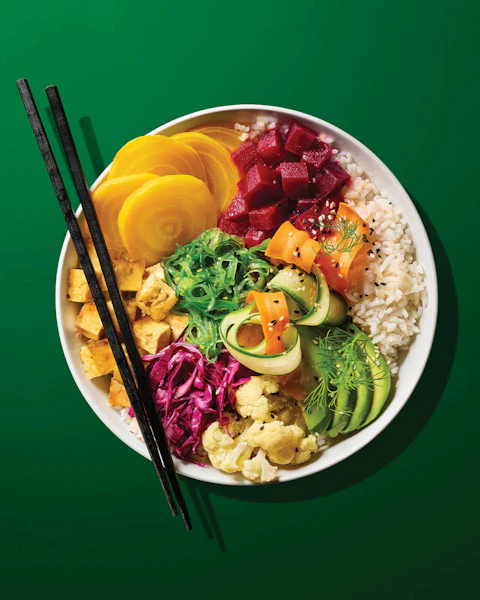 Vegan Poke Bowl with chopsticks.