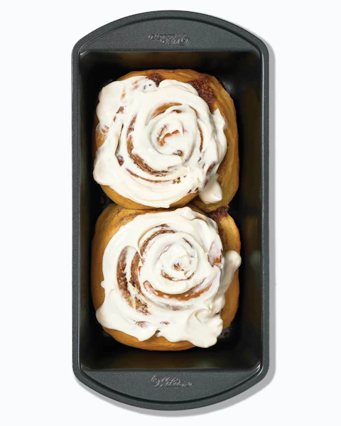 Bread pan of Jumbo Pumpkin Spice Cinnamon Rolls