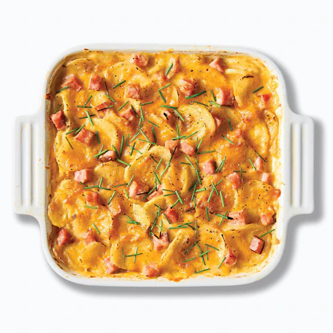 Casserole dish of Au Gratin Potatoes with Ham